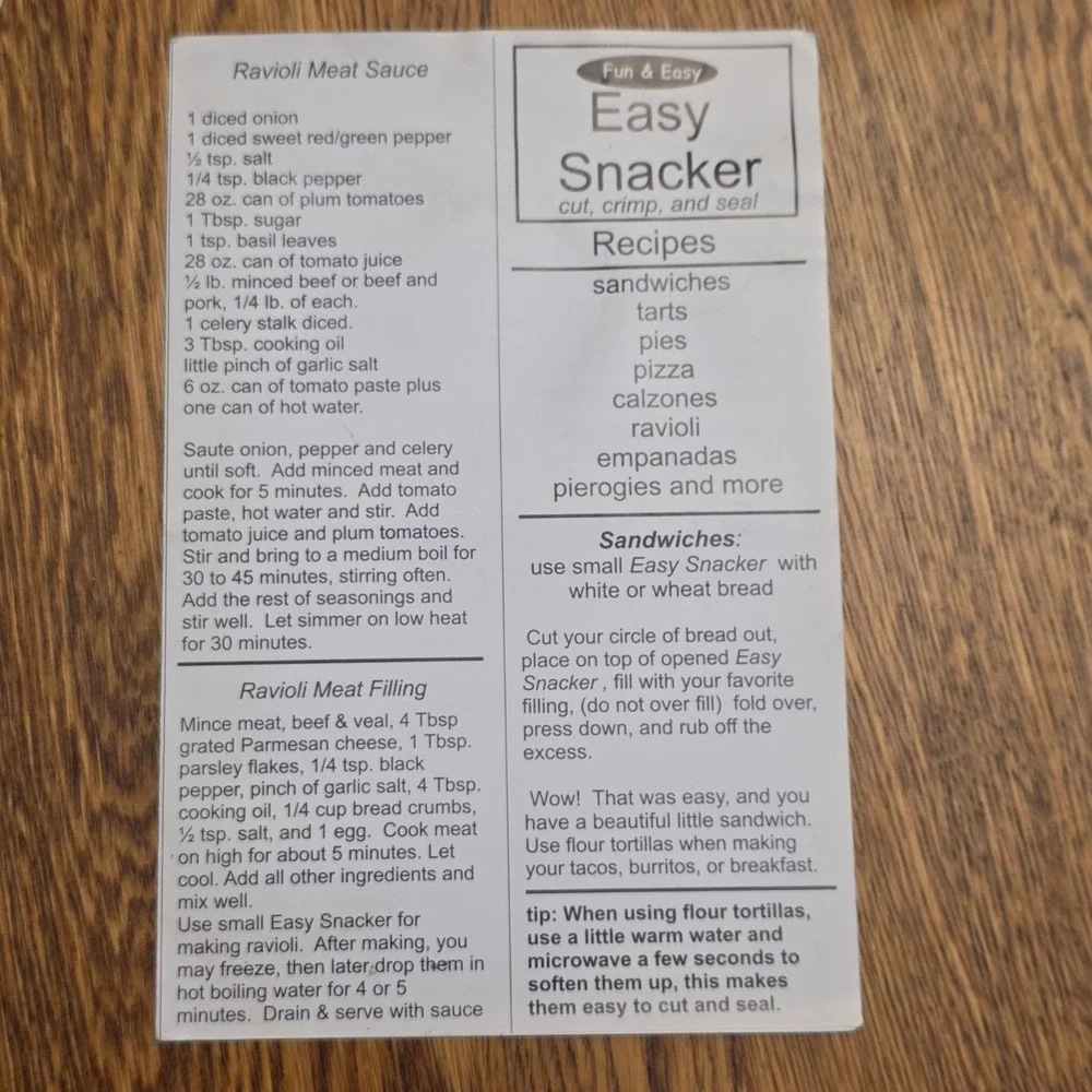 Easy Snacker Dough Press Cutter Empanada‎ Pie Ravioli Maker Recipes Booklet 2pc